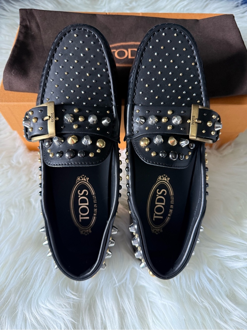 Tod's Black Leather Studded Loafers with Gold & Silver Studs